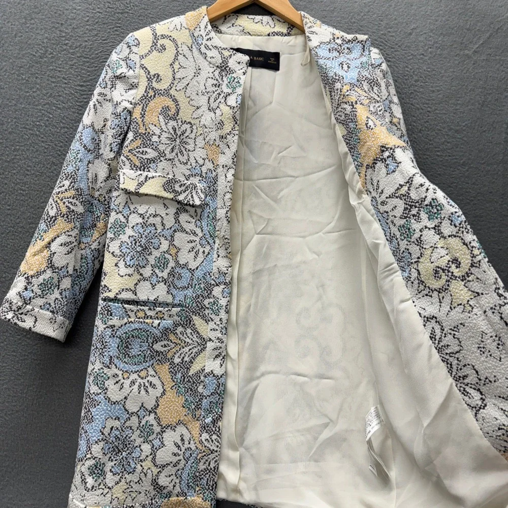 Zara Basic Jacket Womens‎ Small Open Floral Jacquard Pixelated Multicolor Boho